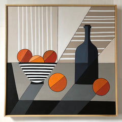 Bowl of Oranges With Blue Bottle