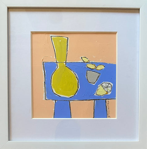 Lemons on Blue Table with Vase